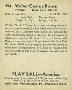 1939 Play Ball #124 Walter Brown Back