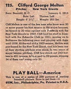 1939 Play Ball #125 Cliff Melton Back