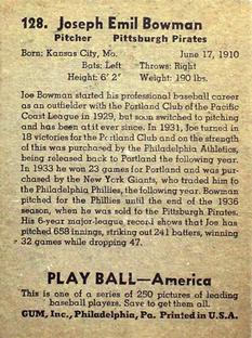 1939 Play Ball #128 Joe Bowman Back