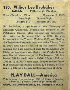 1939 Play Ball #130 Wilbur Brubaker Back