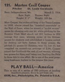 1939 Play Ball #131 Mort Cooper Back