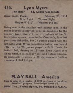 1939 Play Ball #133 Lynn Myers Back