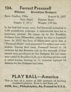 1939 Play Ball #134 Tot Pressnell Back