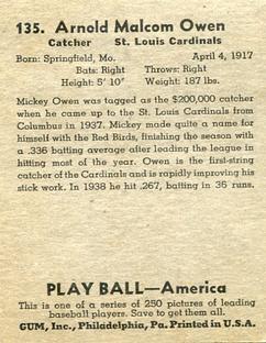 1939 Play Ball #135 Mickey Owen Back