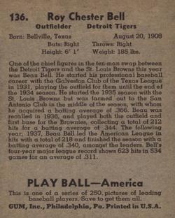 1939 Play Ball #136 Beau Bell Back