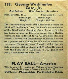 1939 Play Ball #138 George Case Back