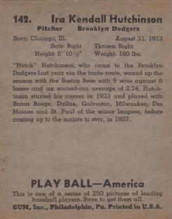 1939 Play Ball #142 Ira Hutchinson Back