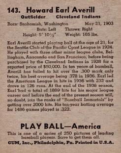 1939 Play Ball #143 Earl Averill Back