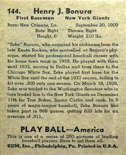 1939 Play Ball #144 Henry Bonura Back