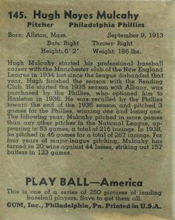 1939 Play Ball #145 Hugh Mulcahy Back