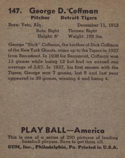 1939 Play Ball #147 George Coffman Back