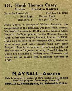 1939 Play Ball #151 Hugh Casey Back