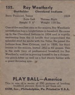 1939 Play Ball #152 Roy Weatherly Back