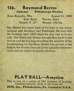 1939 Play Ball #156 Ray Berres Back