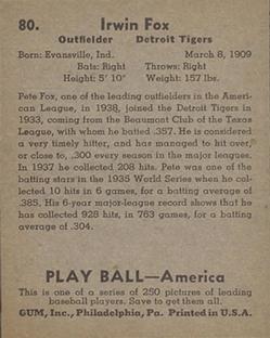 1939 Play Ball #80 Irwin Fox Back