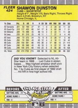 1989 Fleer #424 Shawon Dunston Back