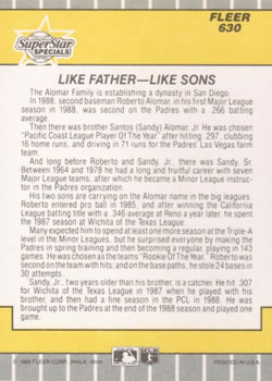1989 Fleer #630 Like Father -- Like Sons (Roberto Alomar / Sandy Alomar, Jr.) Back