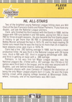 1989 Fleer #631 N.L. All-Stars (Will Clark / Rafael Palmeiro) Back