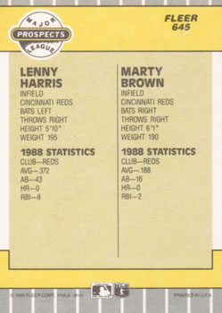 1989 Fleer #645 Lenny Harris / Marty Brown Back