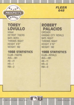 1989 Fleer #648 Torey Lovullo / Robert Palacios Back