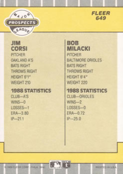 1989 Fleer #649 Jim Corsi / Bob Milacki Back