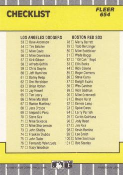 1989 Fleer #654 Checklist: A's / Mets / Dodgers / Red Sox Back