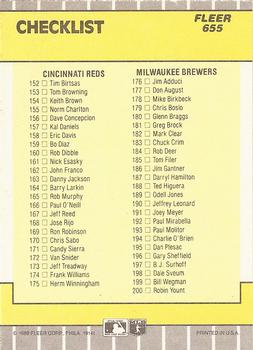 1989 Fleer #655 Checklist: Twins / Tigers / Reds / Brewers Back