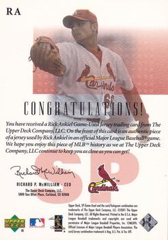 2001 SP Game Used Edition - Authentic Fabric #RA Rick Ankiel Back