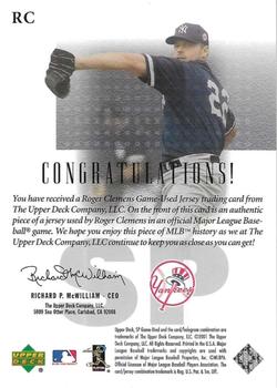 2001 SP Game Used Edition - Authentic Fabric #RC Roger Clemens  Back