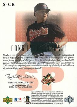 2001 SP Game Used Edition - Signed Authentic Fabric #S-CR Cal Ripken Jr.  Back