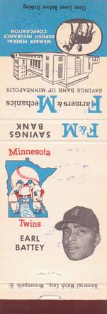 1961 F&M Savings Bank / Universal Match Minnesota Twins Matchbooks #NNO Earl Battey Front