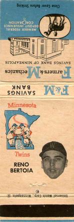 1961 F&M Savings Bank / Universal Match Minnesota Twins Matchbooks #NNO Reno Bertoia Front