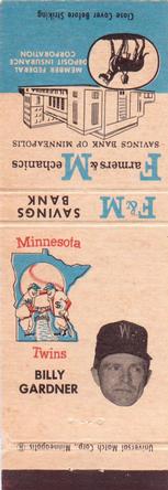 1961 F&M Savings Bank / Universal Match Minnesota Twins Matchbooks #NNO Billy Gardner Front