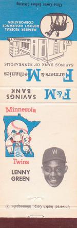 1961 F&M Savings Bank / Universal Match Minnesota Twins Matchbooks #NNO Lenny Green Front