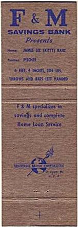 1961 F&M Savings Bank / Universal Match Minnesota Twins Matchbooks #NNO Jim Kaat Back