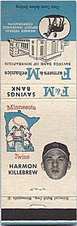 1961 F&M Savings Bank / Universal Match Minnesota Twins Matchbooks #NNO Harmon Killebrew Front