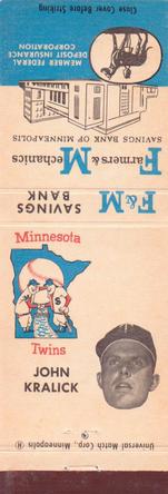 1961 F&M Savings Bank / Universal Match Minnesota Twins Matchbooks #NNO Jack Kralick Front