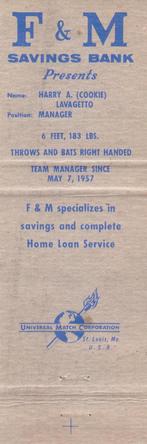 1961 F&M Savings Bank / Universal Match Minnesota Twins Matchbooks #NNO Cookie Lavagetto Back
