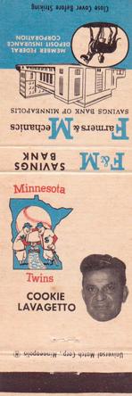 1961 F&M Savings Bank / Universal Match Minnesota Twins Matchbooks #NNO Cookie Lavagetto Front