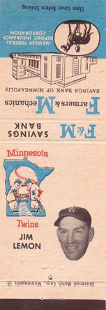1961 F&M Savings Bank / Universal Match Minnesota Twins Matchbooks #NNO Jim Lemon Front