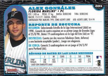1999 Bowman Chrome #201 Alex Gonzalez Back