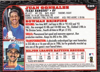1999 Bowman Chrome #285 Juan Gonzalez Back