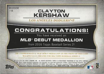 2016 Topps - MLB Debut Medallion (Series 2) #MLBD2M-14 Clayton Kershaw Back