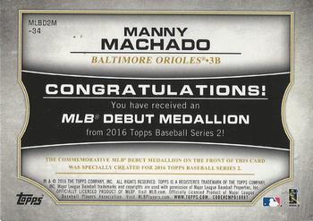 2016 Topps - MLB Debut Medallion (Series 2) #MLBD2M-34 Manny Machado Back