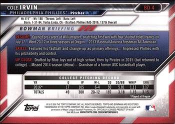 2016 Bowman Draft #BD-4 Cole Irvin Back