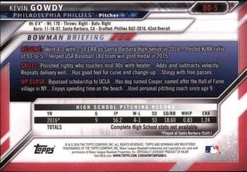 2016 Bowman Draft #BD-5 Kevin Gowdy Back