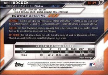 2016 Bowman Draft #BD-49 Brett Adcock Back