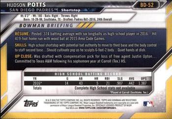 2016 Bowman Draft #BD-52 Hudson Potts Back