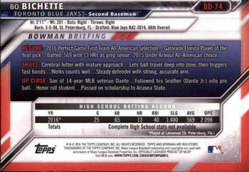 2016 Bowman Draft #BD-74 Bo Bichette Back