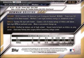 2016 Bowman Draft #BD-82 Braden Webb Back